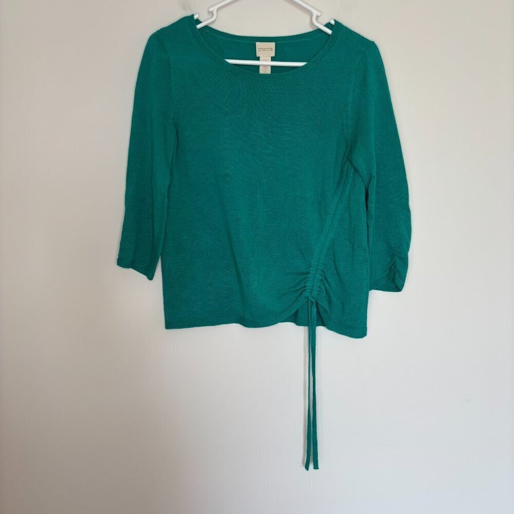 CHICO'S Long Ruched Sleeve Drawstring Knit Sweater Womens S Petite Green Stretch - Picture 4 of 6